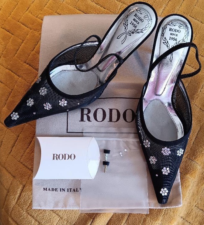 Rodo Vintage Black Heel Mules w/ Mesh Fabric-Crystal Rhinestones-US Size 7