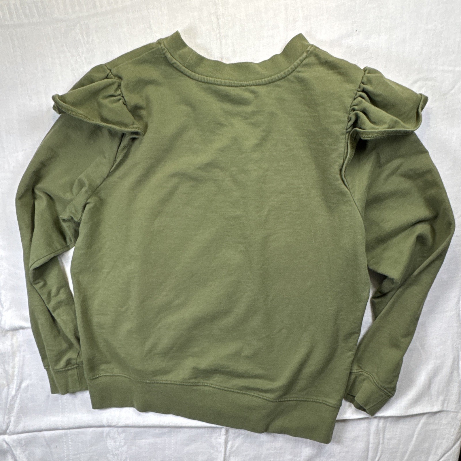 Time and Tru Girls Green Ruffle Shoulder Crew Neck Pullover Sweatshirt L 12-14