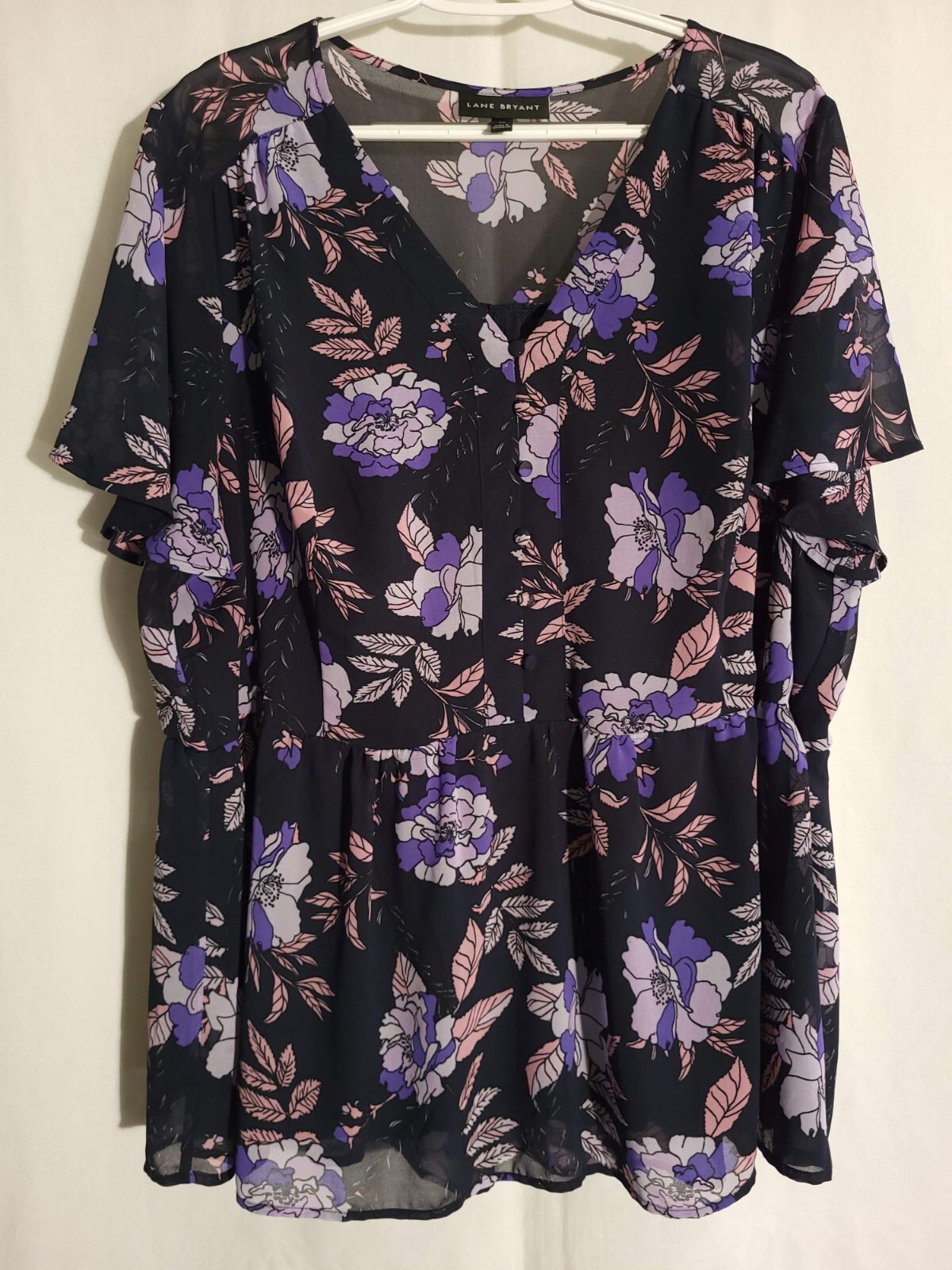 Lane Bryant-Black Purple Floral Flutter Sleeve Semi-Sheer Lined Peplum Top-20 2X