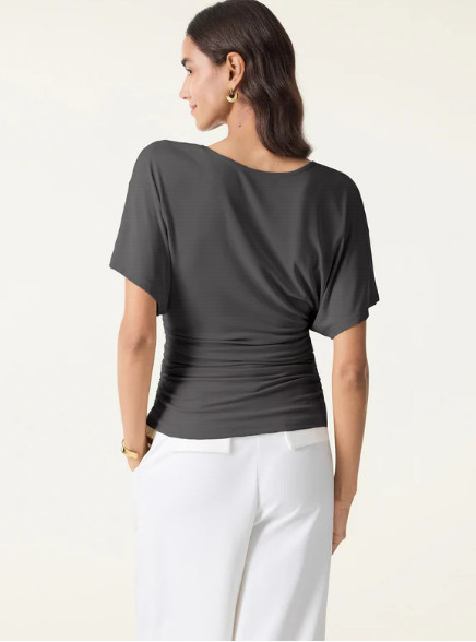 OGL Sandwashed Effortless Boatneck Batwing Sleeve Side Ruched Top, Shadow