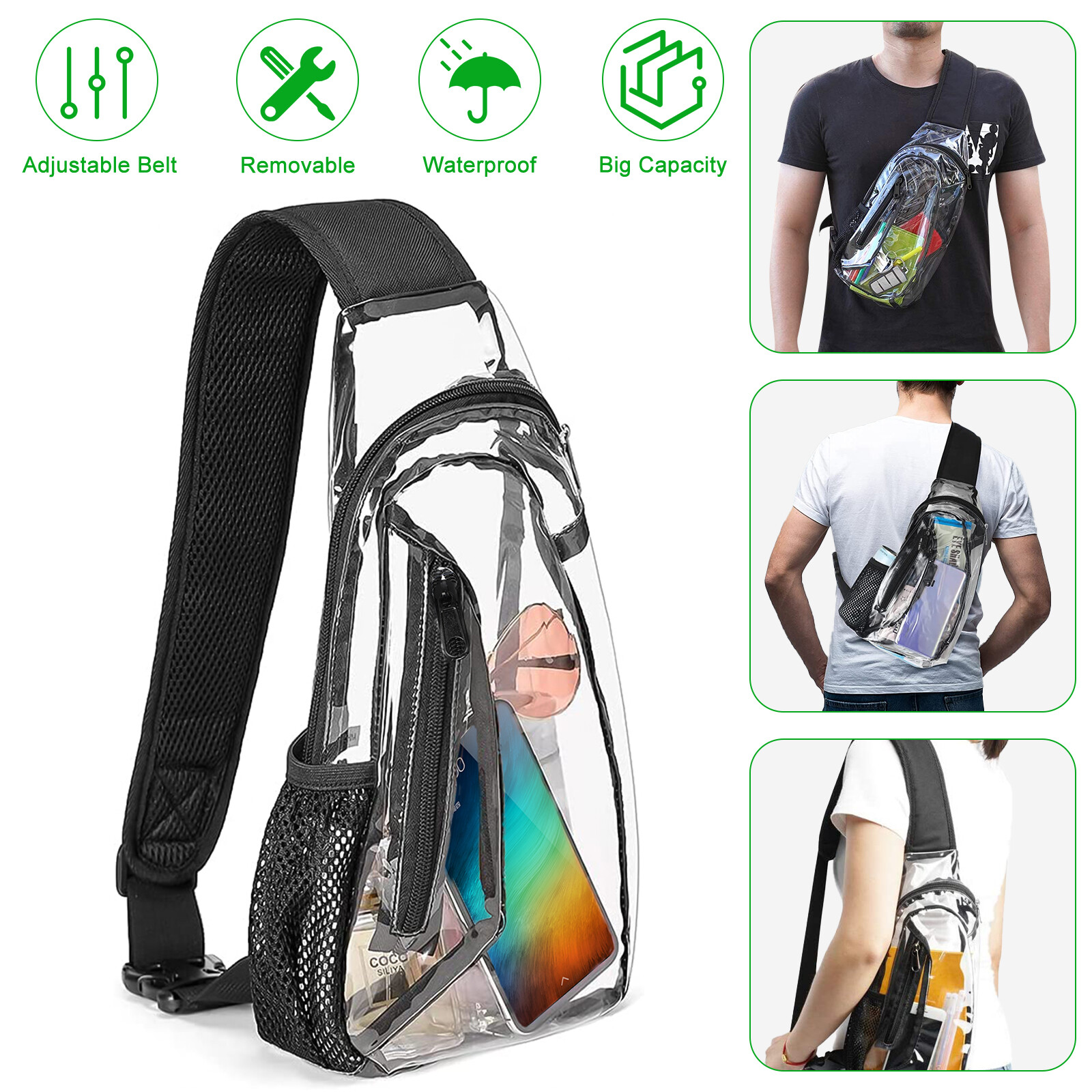 Clear PVC Tote Pack Shoulder Chest Bag Crossbody Handbag Purse Stadium Security