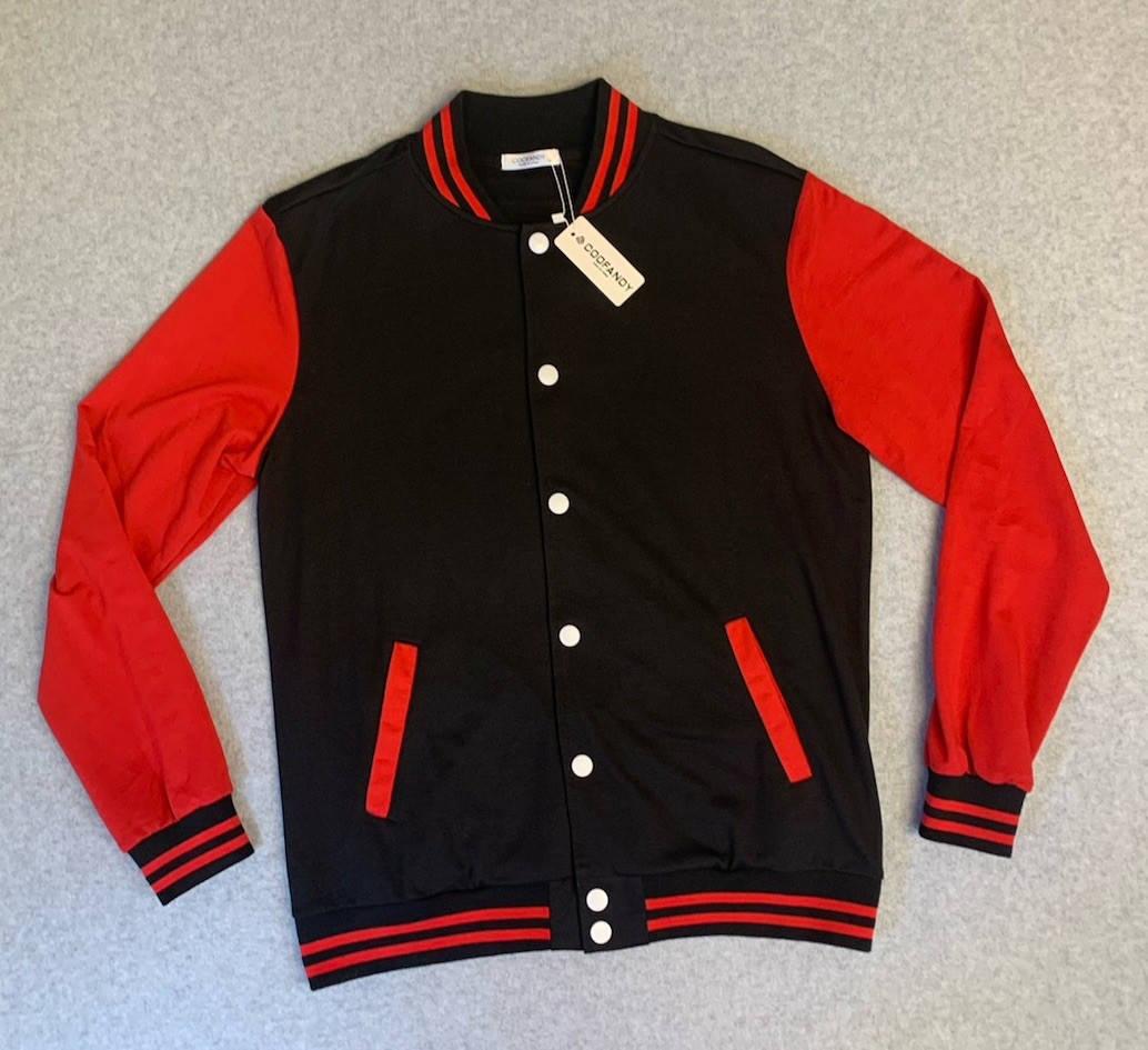 Bomber Varsity Cardigan Jacket Mens M Black Red Preppy Y2K Sporty