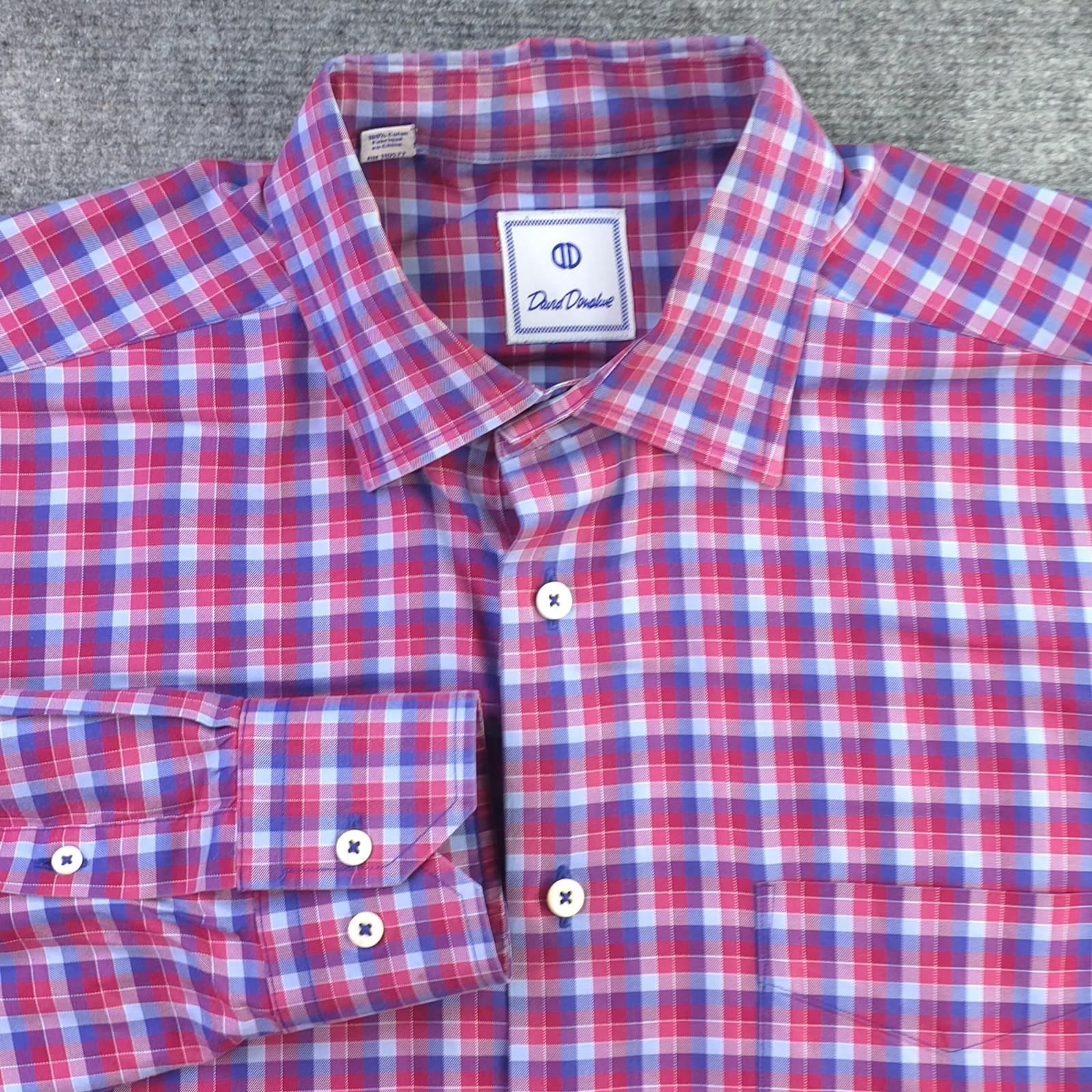 David Donahue Shirt Large Red Blue Purple Check Long Sleeve Button Up Cotton