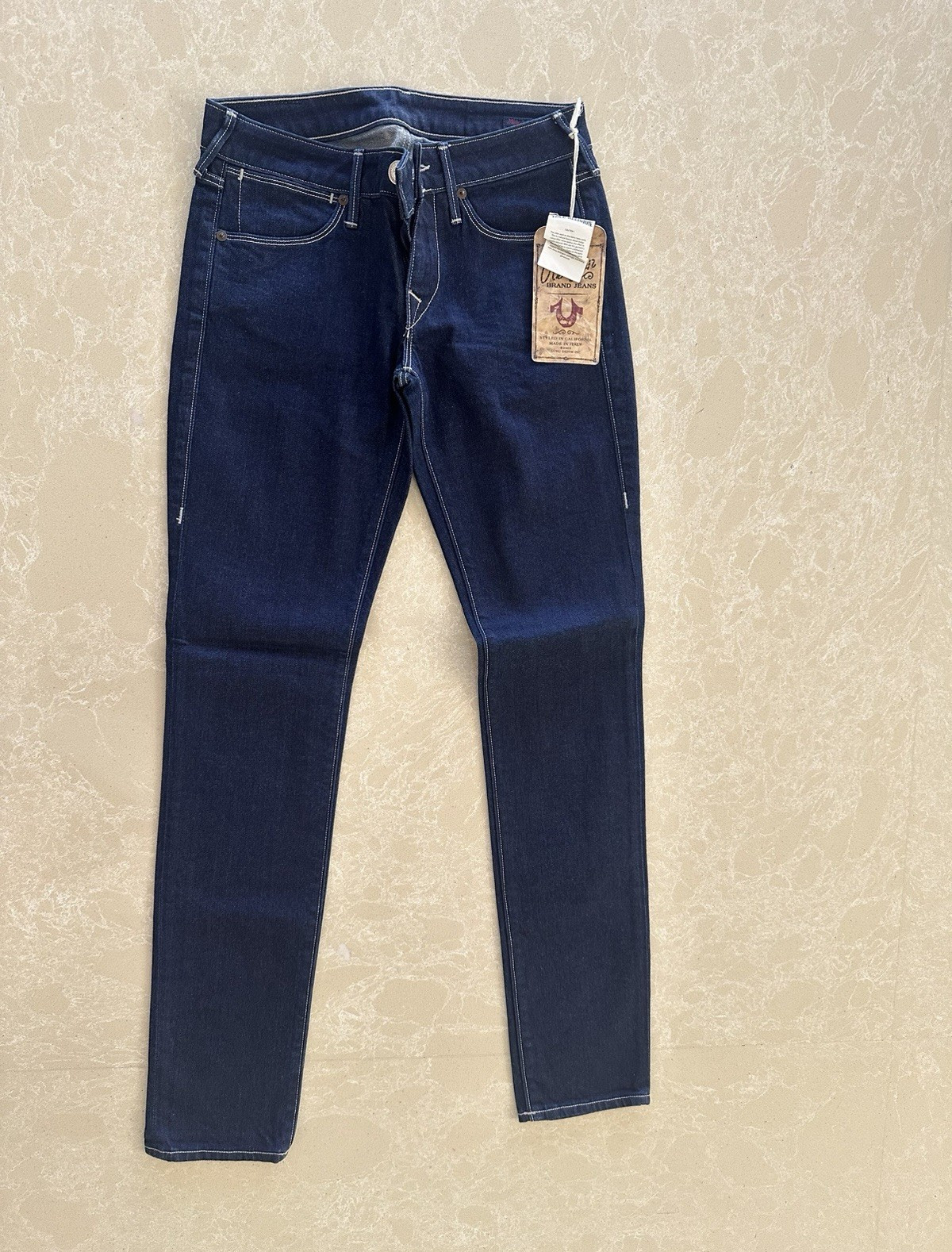 True Religion Men’s Dark Wash Blue Skinny Denim Jeans Mid Rise Logo NWT