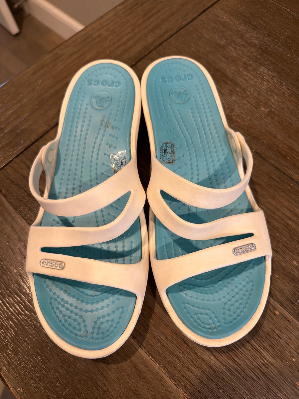 CROCS Kadee II White with Aqua Insole Flat Slide Sandals Women’s 8