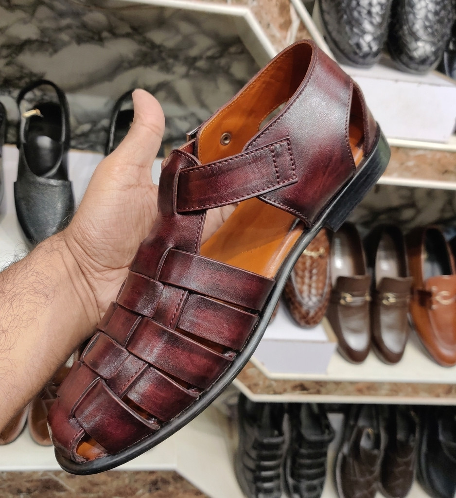 Mens Burgundy Leather Fisherman Sandals Woven Gladiator Summer Beach Shoes Maron