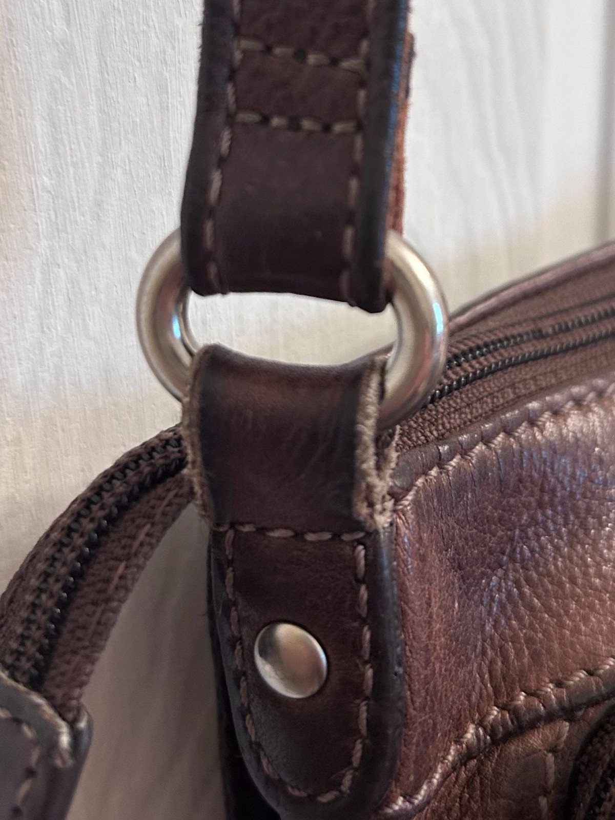 Fossil Brown Leather Crossbody Bag with Embossed Logo Patch
