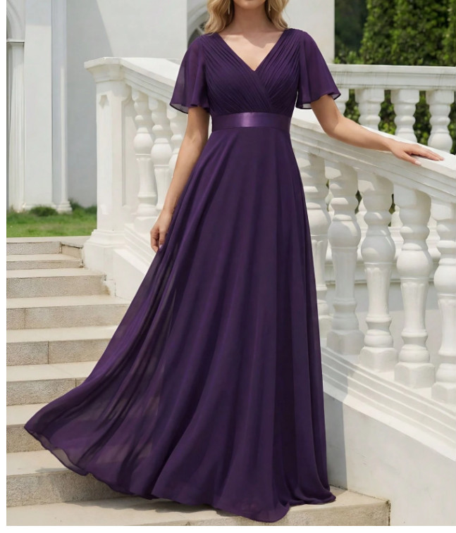 EVERPRETTY Elegant V-Neck Ruffle Butterfly Sleeve Deep Purple Bridesmaid Dress