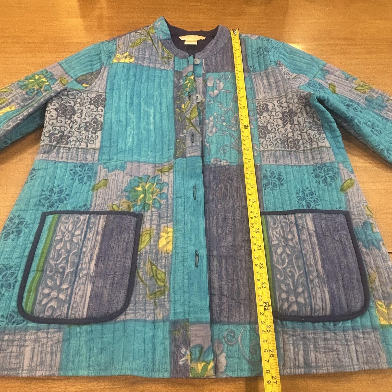 La Cera Jacket Womens Medium Blue Cotton Quilted Reversible Boho Floral Pockets