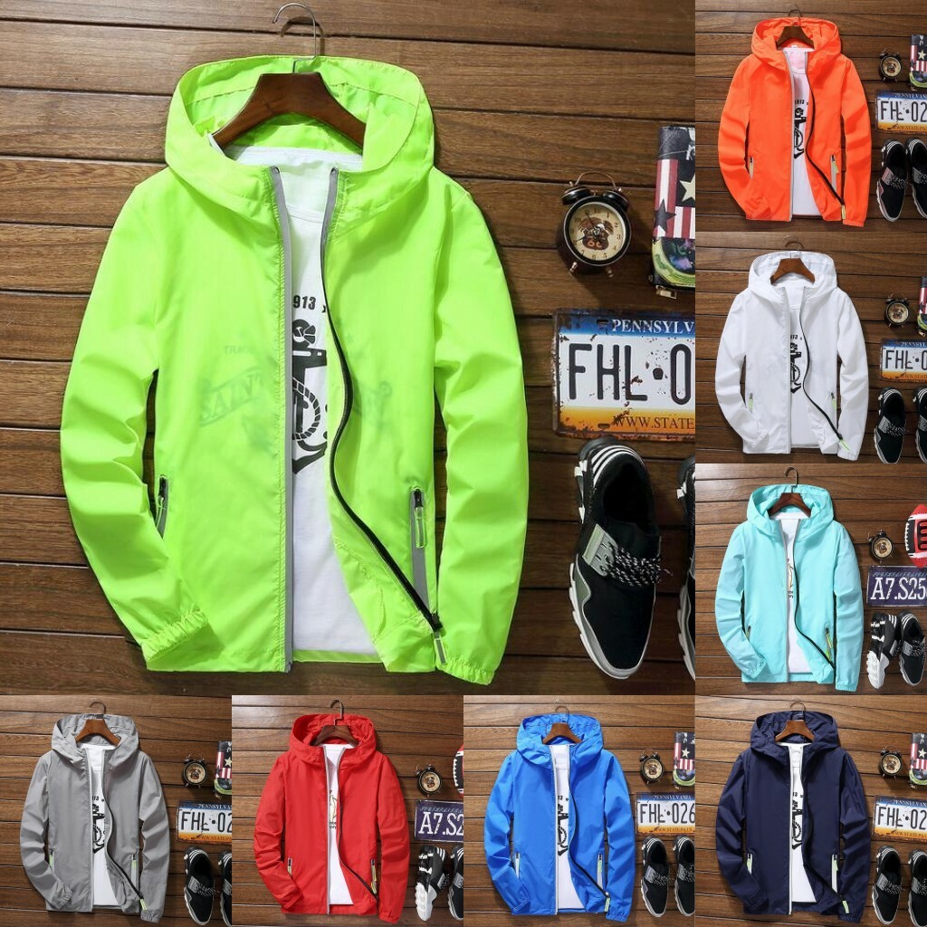 Men Waterproof Wind Breaker Zipper Hoodie Light Jacket Outwear Gym ThinWind Coat