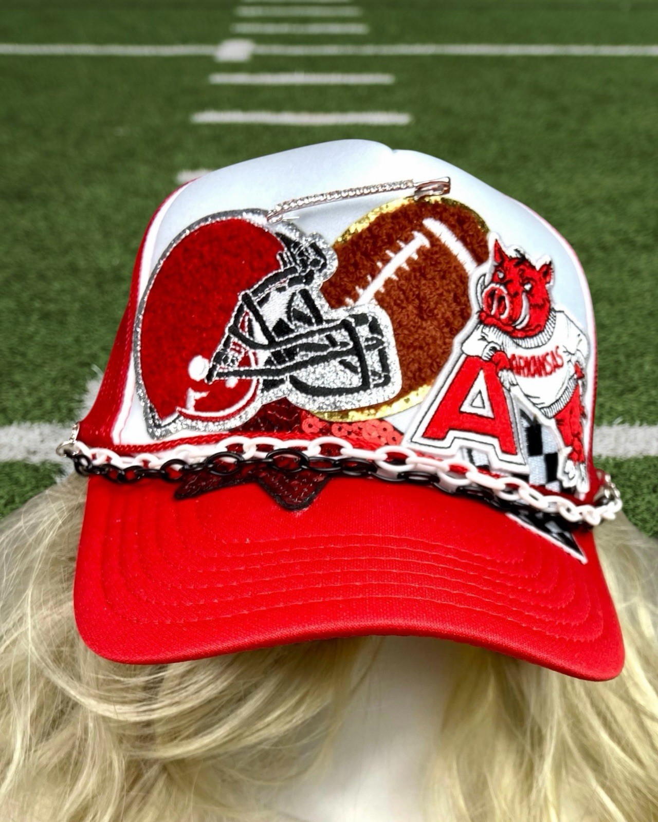 Otto Trucker Hat Red White Bling Rhinestone Hogs College Football Cap Snapback