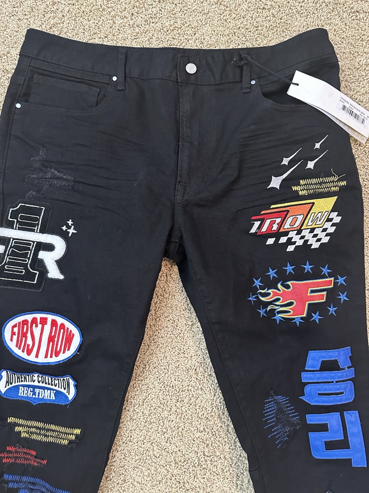 First Row Mens Black Denim Jeans With Patches And Embroidery 38×32 New With Tags