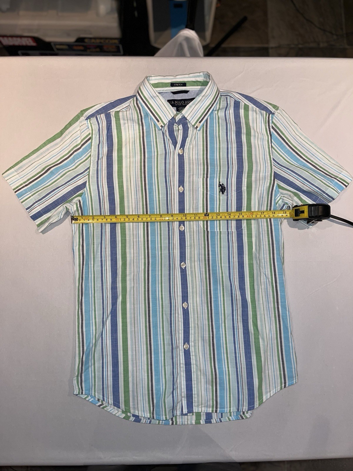 U.S. Polo Assn. Striped Button-Up Shirt S Blue Green White Short Sleeve Stretch