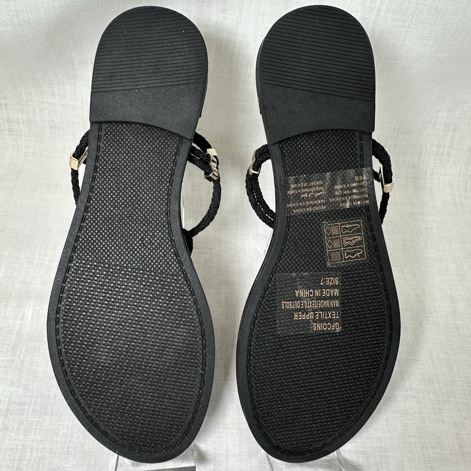 Guess GF Coins Black Rhinestone Logo Thong Sandals 7 Braided Strappy Slingback