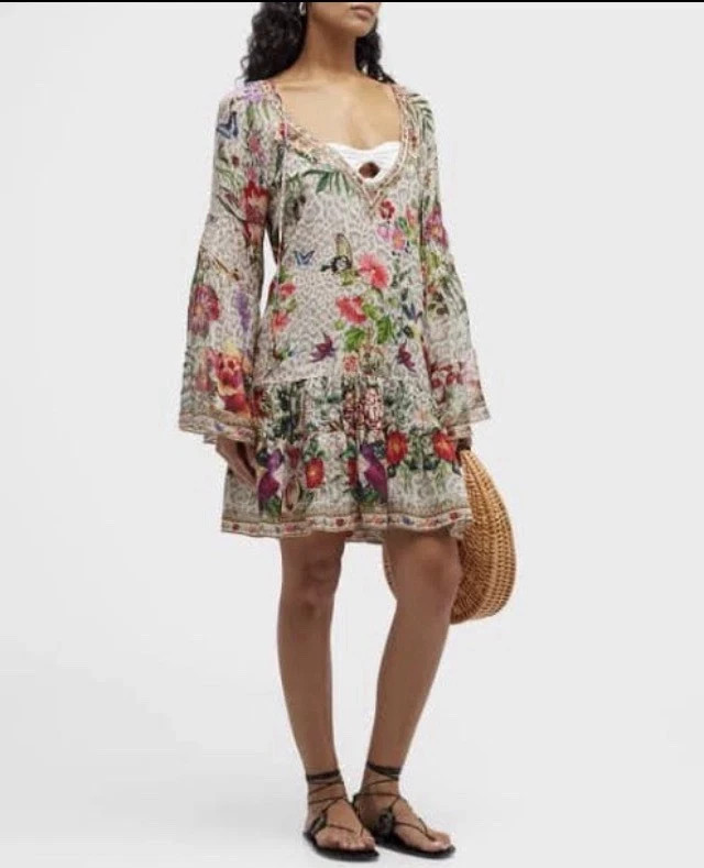 Camilla M/L 12 LEOS BOUQUET A-Line Gathered Panel Dress Short Silk Crystals $699