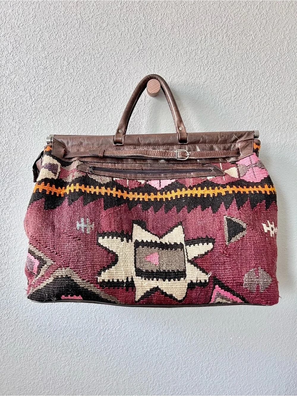Turkish Anatolian Rug Bag with Leather Details Handmade Vintage Aztec Travel