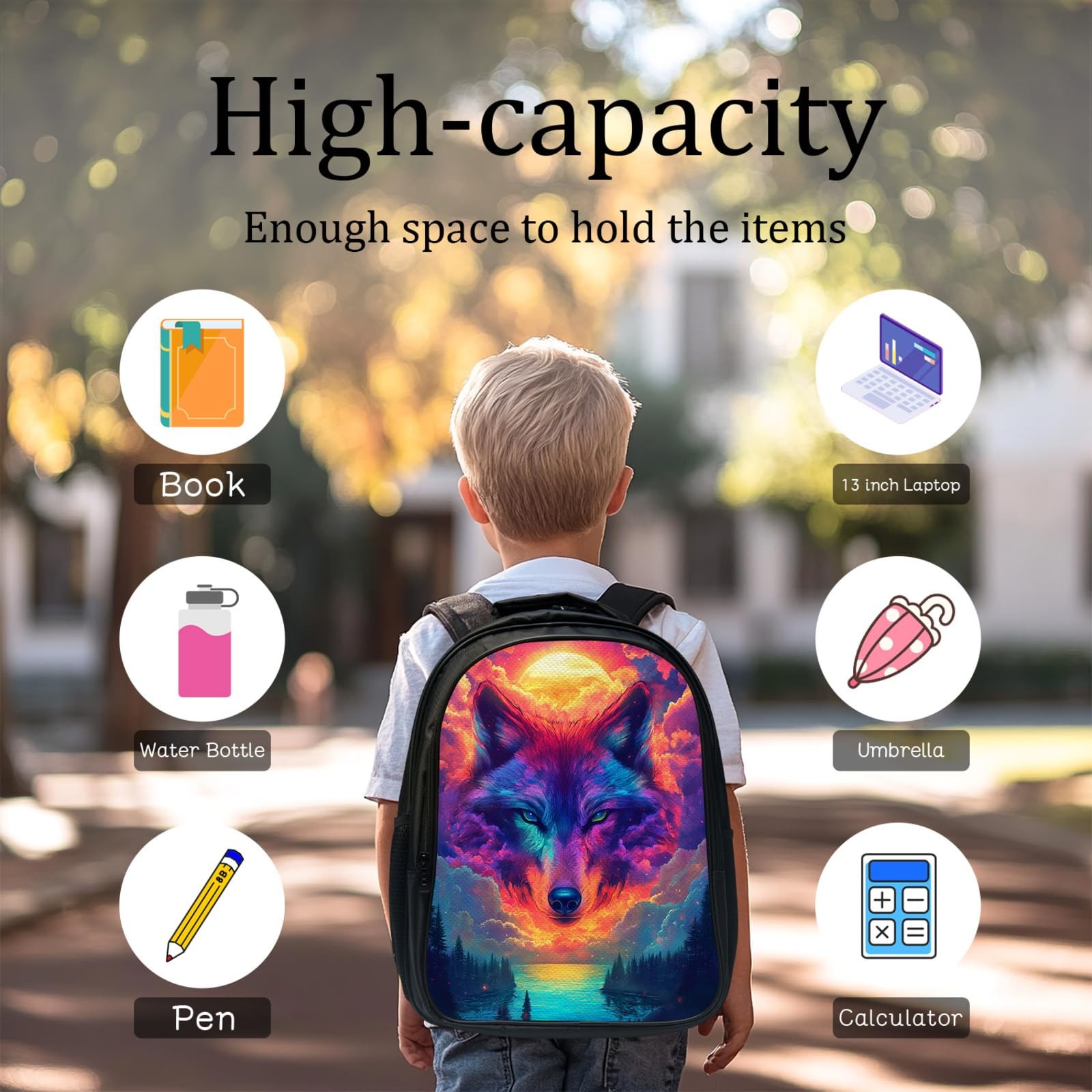 Wolf Backpack Set for Boys Girls 3PCS Cool Animal School Bag with Lunch Box P…
