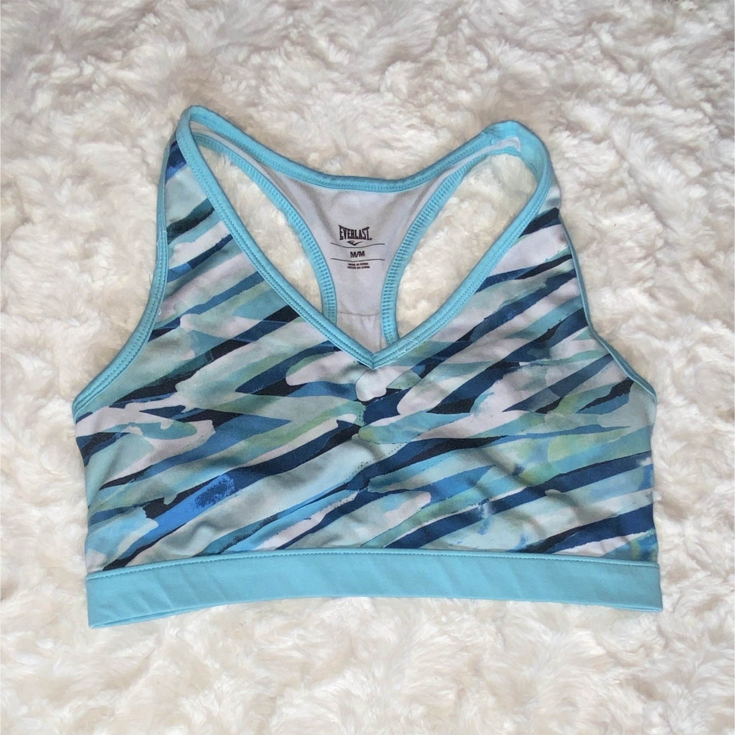 Everlast Women’s Sports Bra Size M Blue Green White Camo Racerback Hook & Eye