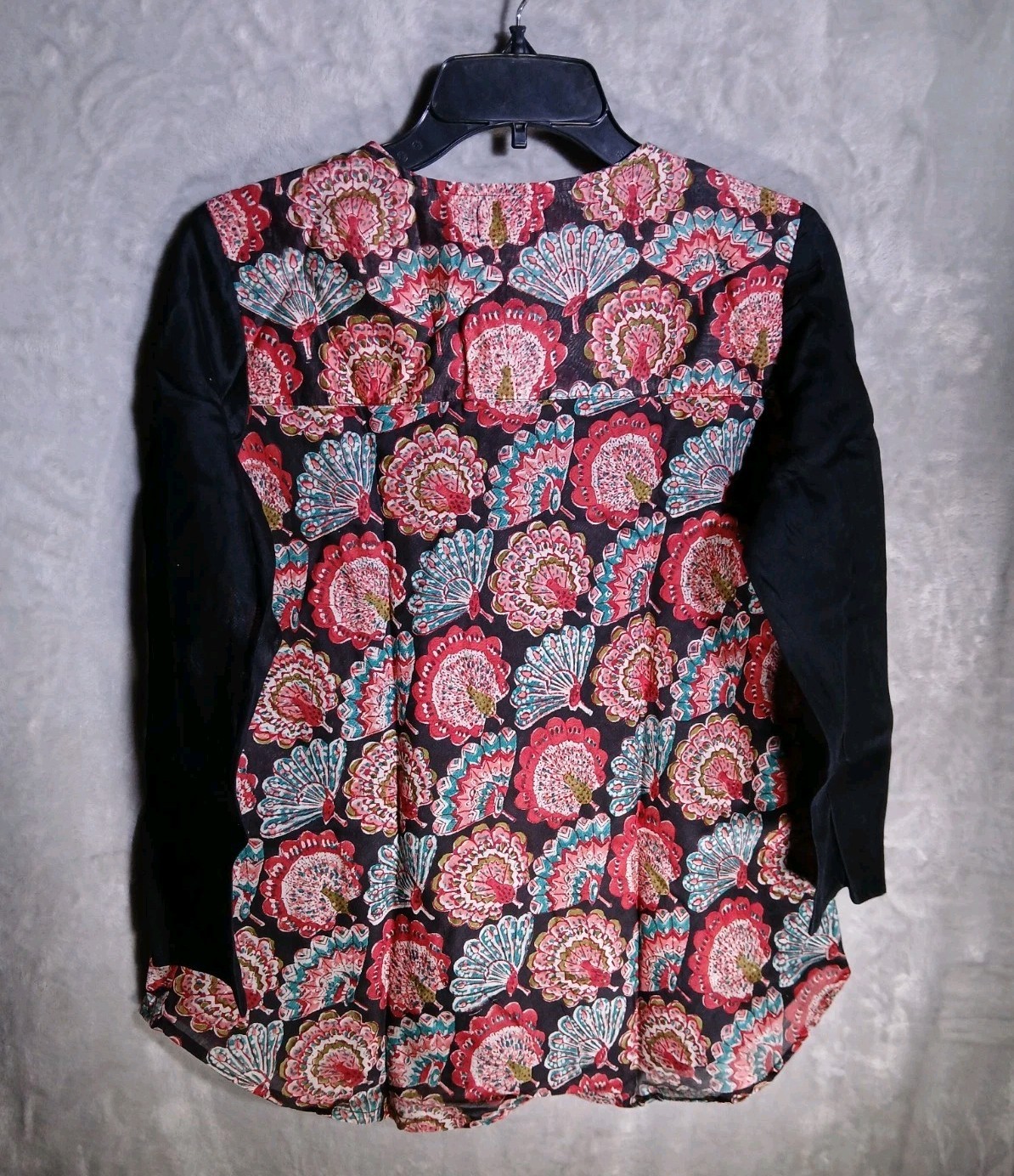 Fab India Womens M Blouse Red Silk Blend Split Neck Peacock 3/4 Sleeve Top