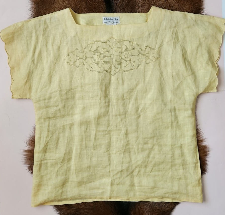 Vtg Christian Dior 100% Ramie Cutwork Embroidered Lace Boho Style Top Shirt 4P
