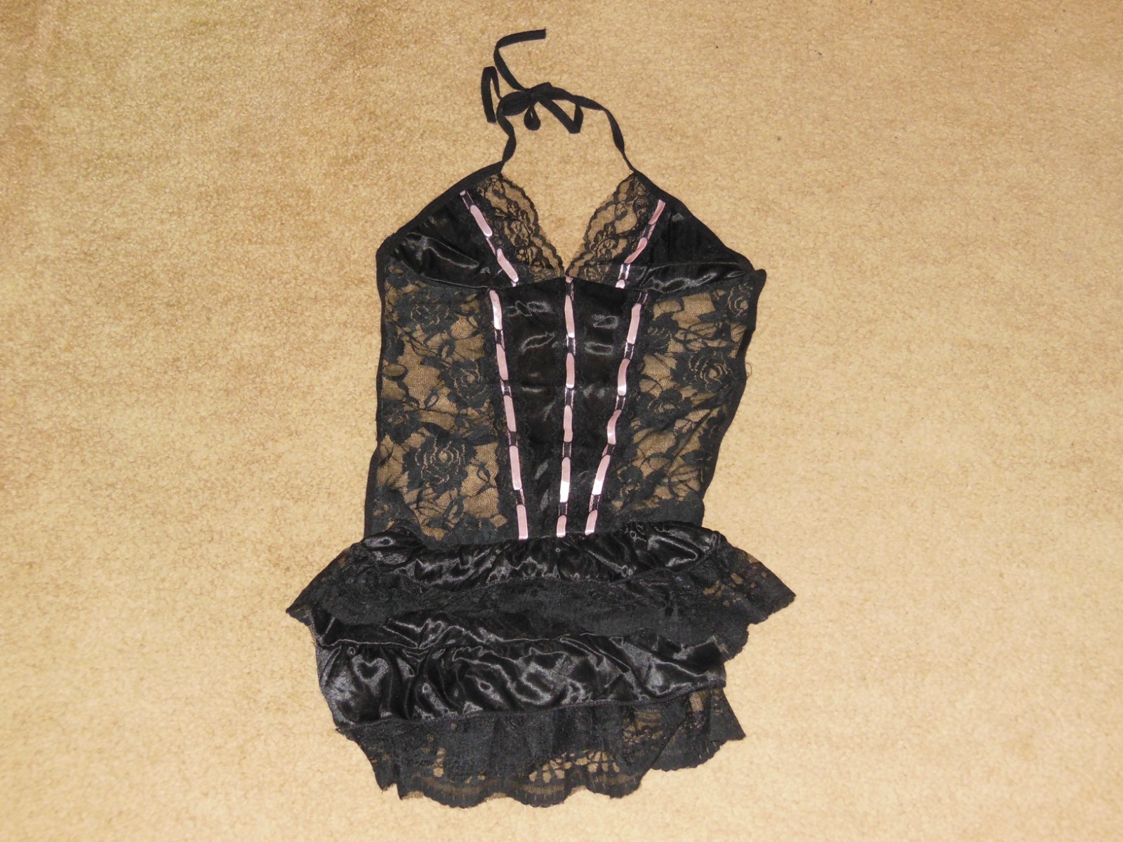 Black Lace Babydoll Lingerie Set Pink Ribbon Ruffle Chemise Dress Size M
