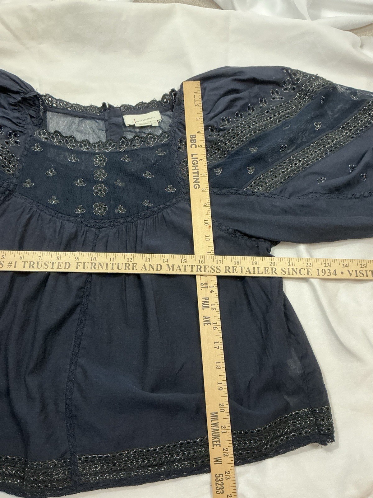 Anthropologie Navy Blue Lace Balloon Puff Sleeve Blouse Top Shirt Size M