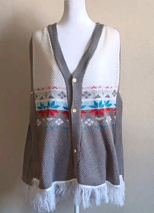 Vintage Cottagecore Fringe Button Cardigan Poncho Sweater Knit Boho Fall Medium