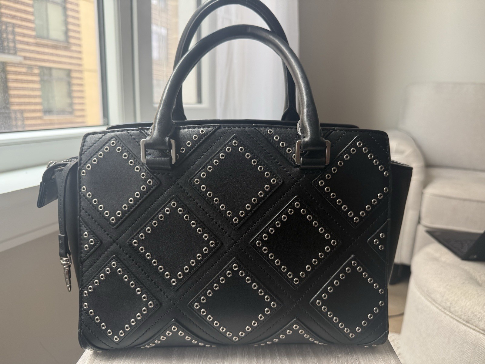 Michael Kors Selma Large Black Leather Grommet Studded Satchel Handbag Silver