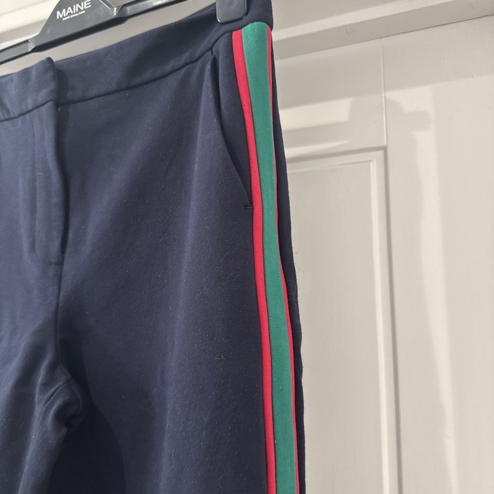 Boden Trousers Straight Wide Leg Navy Size 12P Uk Red & Green Stripe