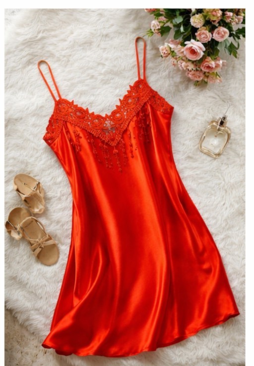 Sexy Red Satin Nightgown Lace V-Neck Chemise Sleepwear Lingerie Dress SIZE S