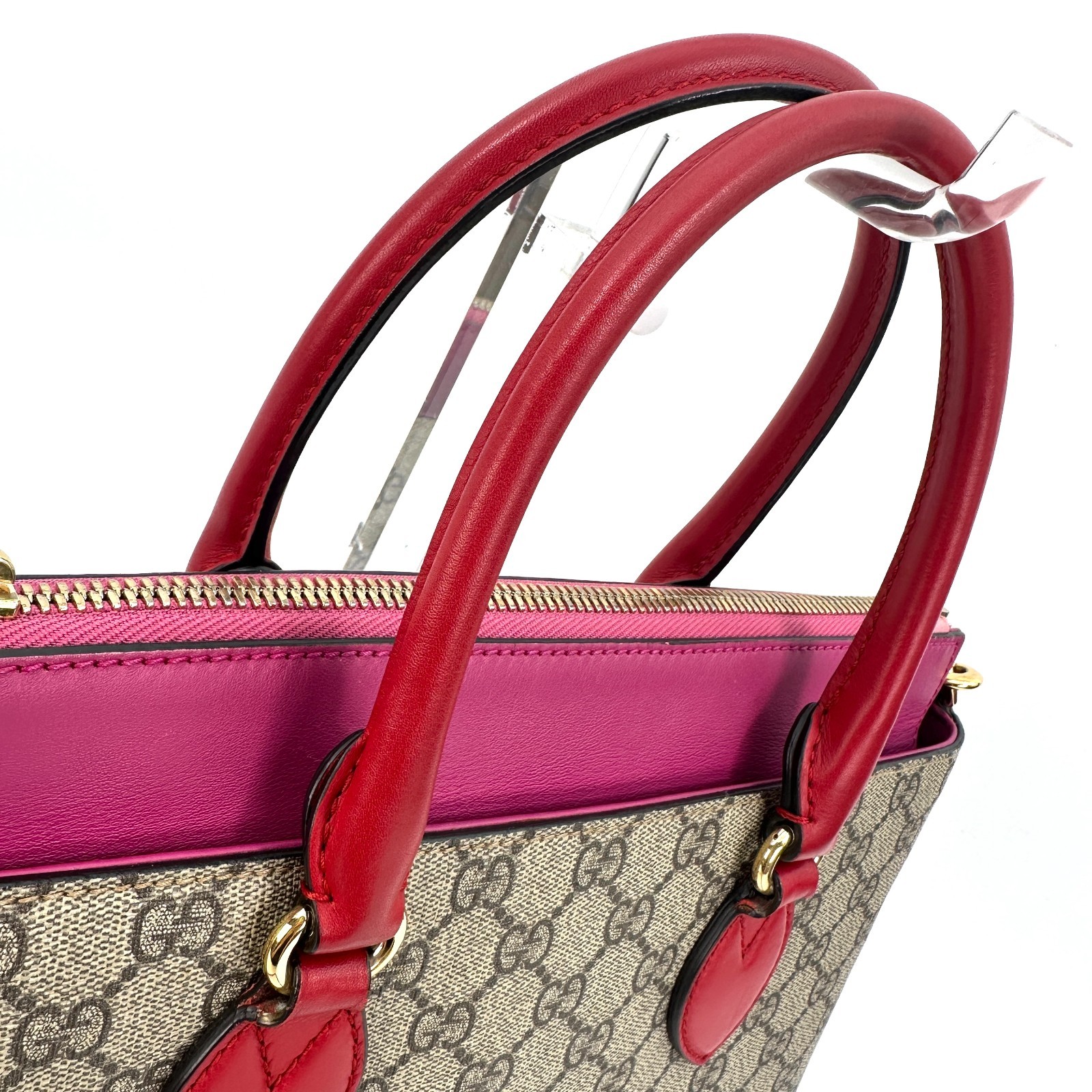 Gucci GG Supreme Monogram 2 Way Purse Bag Tote Pink