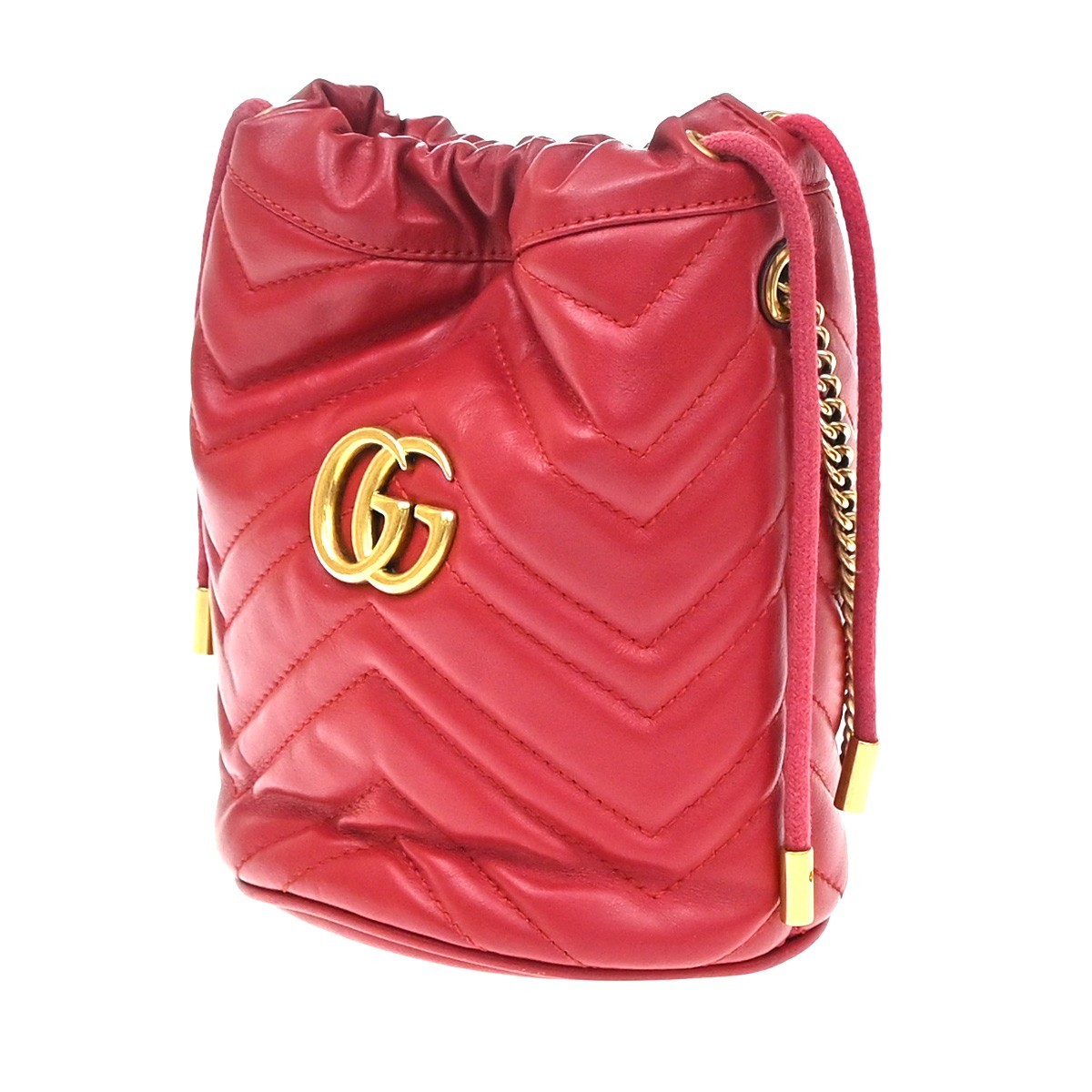 GUCCI GG Marmont Drawstring Chain Crossbody Shoulder Bag Leather Red GHW 84TA683