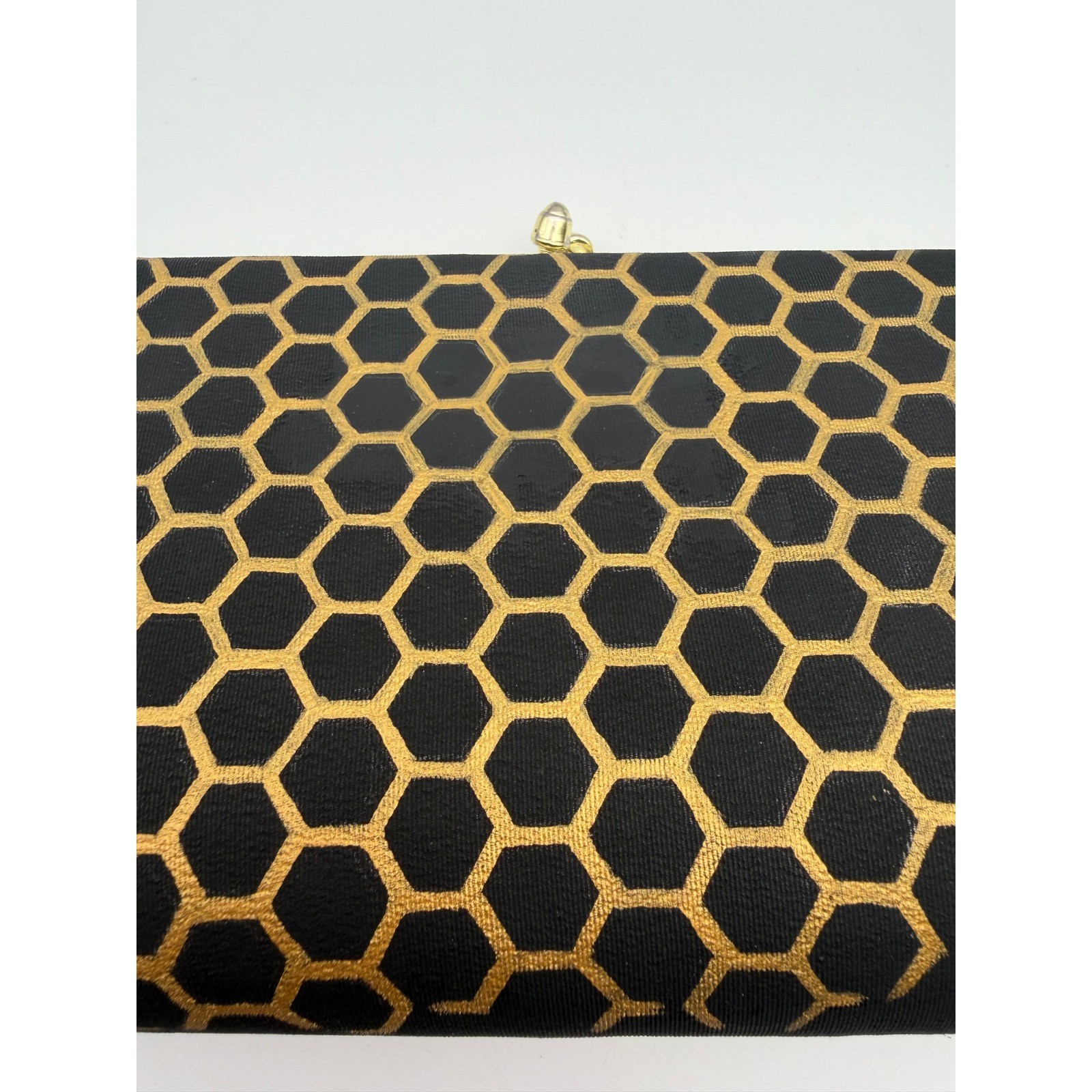 Mary Hamilton Queen Bee Hand Painted Black Gold Honeycomb Clutch Artist Signed