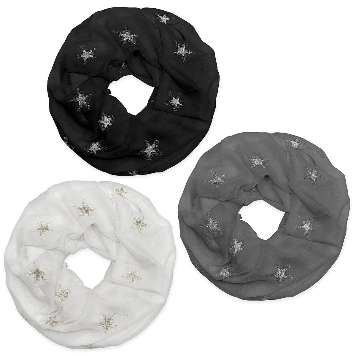 Halstuch mit Glitzersternen Loopschal Damen Winter Herbst grau weiß schwarz
