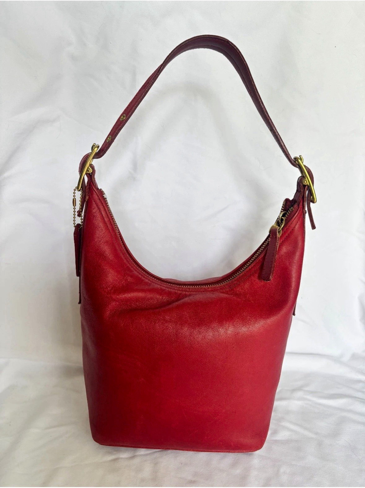 Coach Red Crescent Shoulder Bag, Zip Closure, Gold Hardware, Tassel Charm