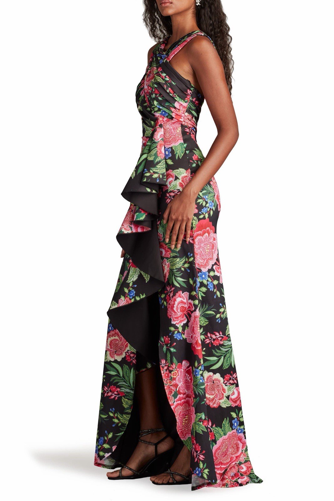 NWT Tadashi Shoji Twist Front Pleated Mermaid Gown in Black Fuchsia Floral Sz S