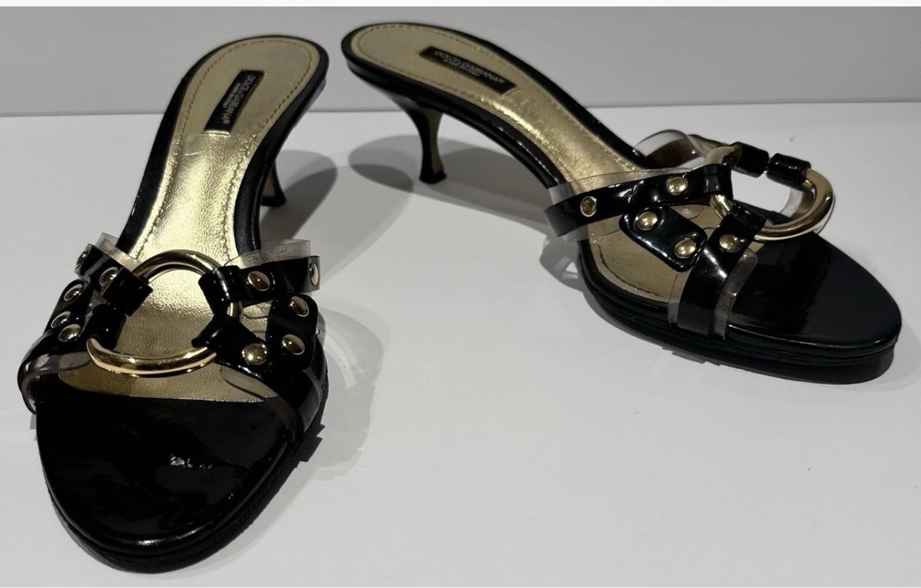 DOLCE & GABBANA Black Patent Leather Gold Rivets Mid Heel Sandals Shoes Size 10