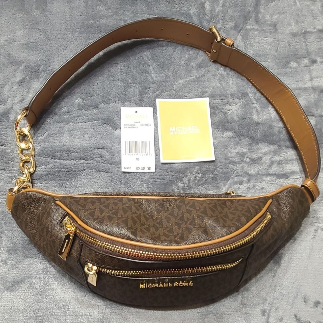 Michael Kors Brown Monogram Belt Bag /Fanny Pack Gold Zip Adjustable Strap
