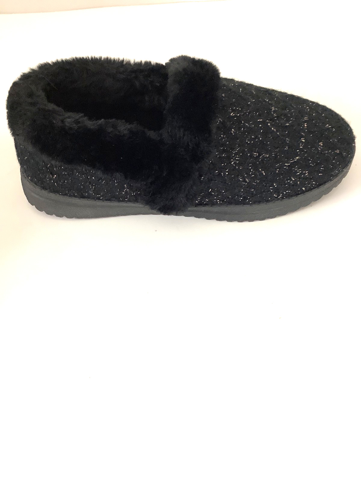 Skechers Black/Gold Spec Cozy Knit Faux Fur Lined Slippers Size 8.5 In/Outdoor