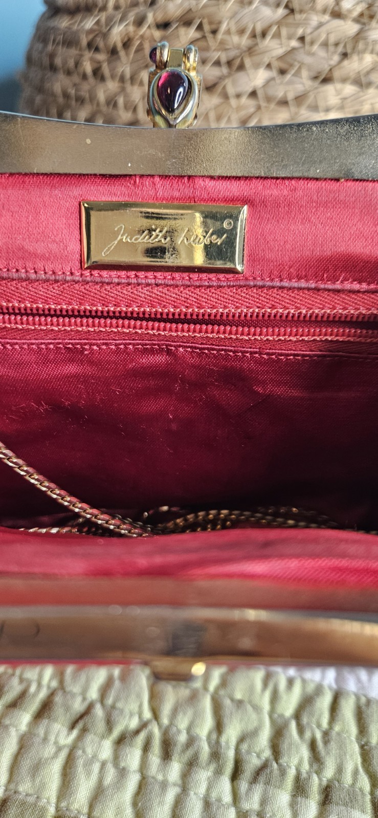 Judith Leiber Red Textured Pleated Clutch Gem Accent Clasp Gold Strap