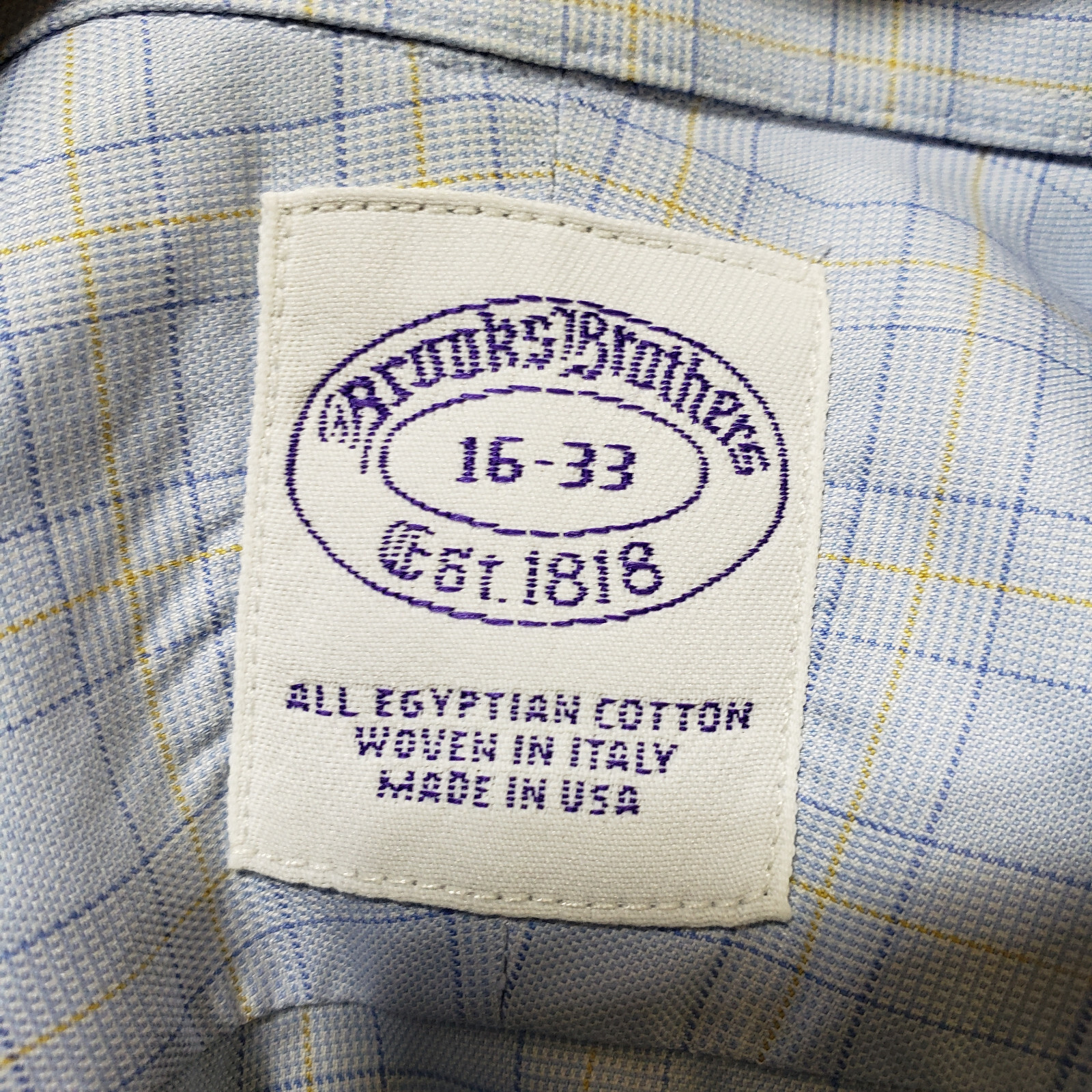 Brooks Bros Shirt Mens 16 33 Blue Check Work Office Cutaway USA Egyption Vtg Dad