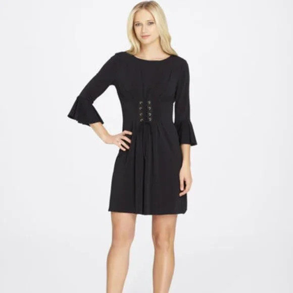TAHARI ARTHUR S. LEVINE 3/4 Bell Sleeve Lace Up Shift Mini Dress, 2 Black