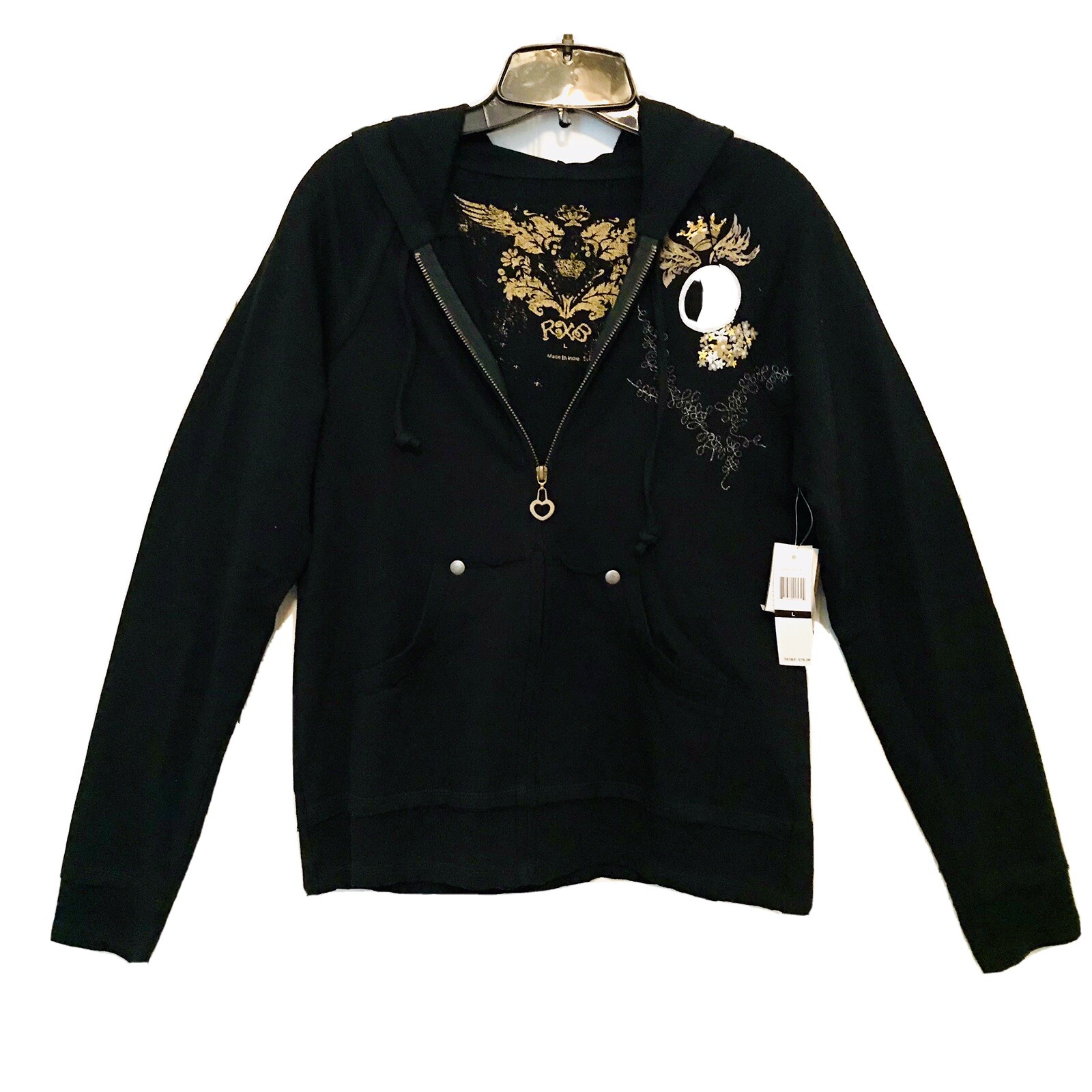 RXB Womens L Floral Embroidered Peace Sign Hooded Black Athleisure Zip Jacket