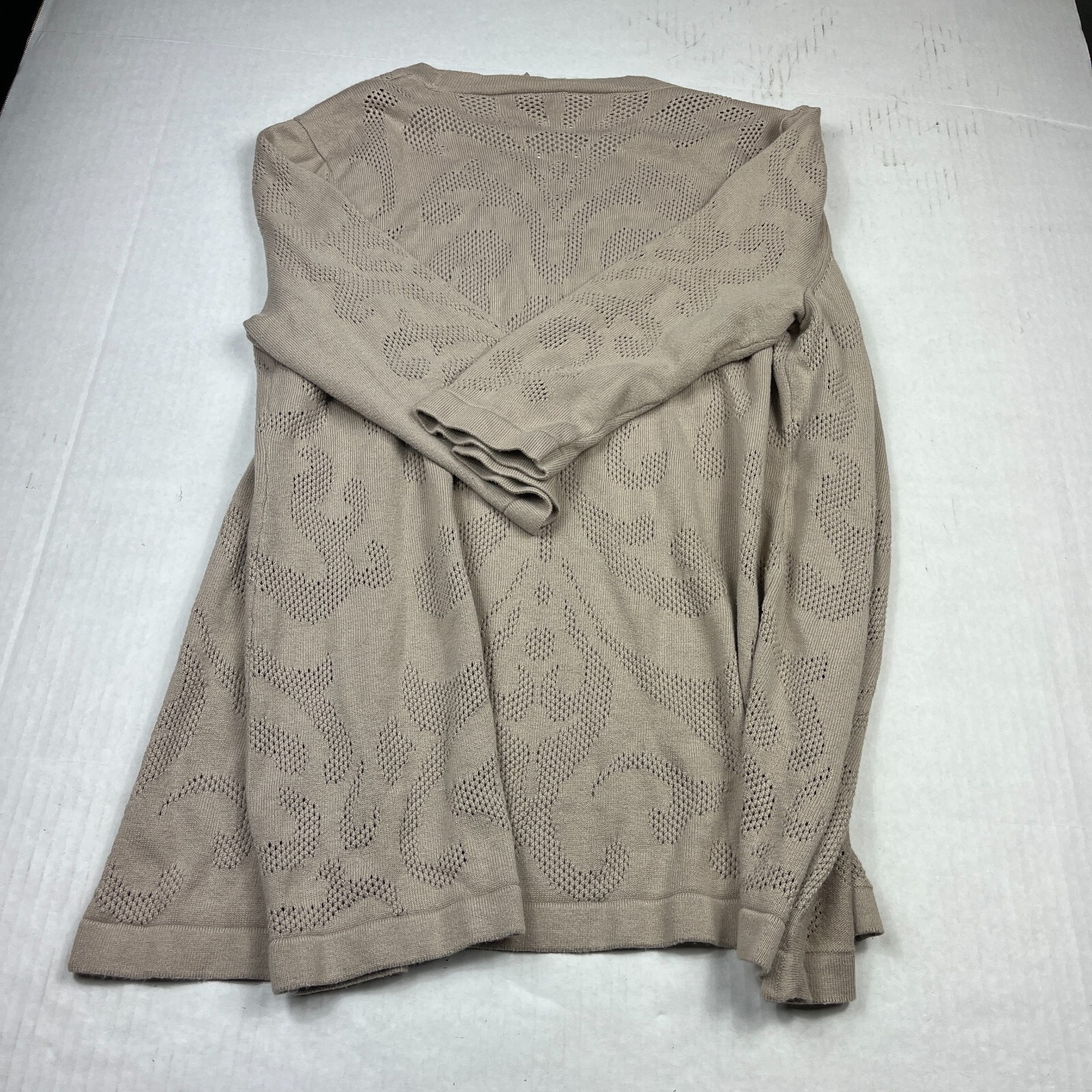 Chicos Longline Open Front Cardigan Tan Tonal Jacquard Layering Knit Sweater 2 L