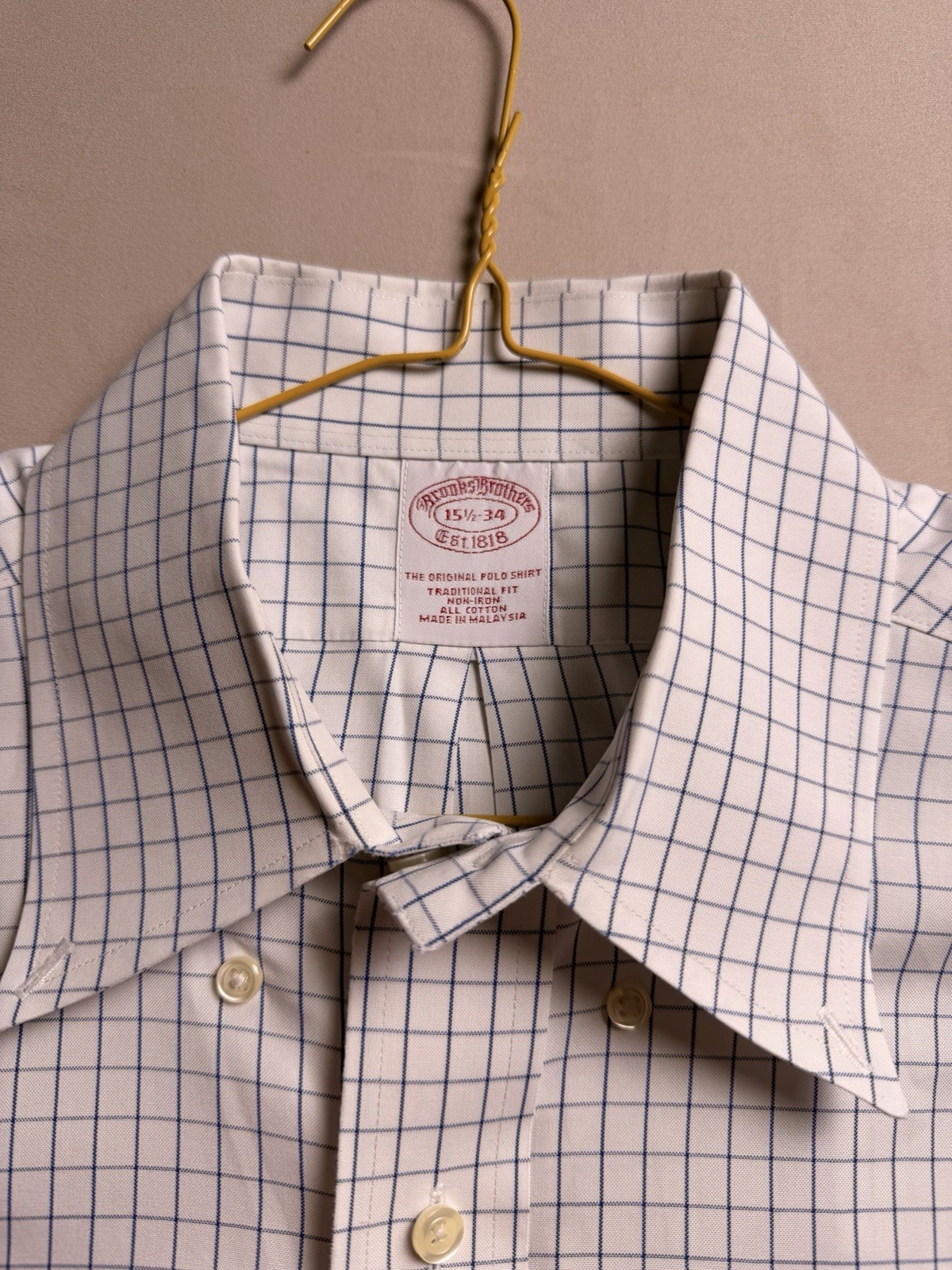 Brooks Brothers Polo Shirt 15.5 34 White Blue Windowpane Check Non Iron