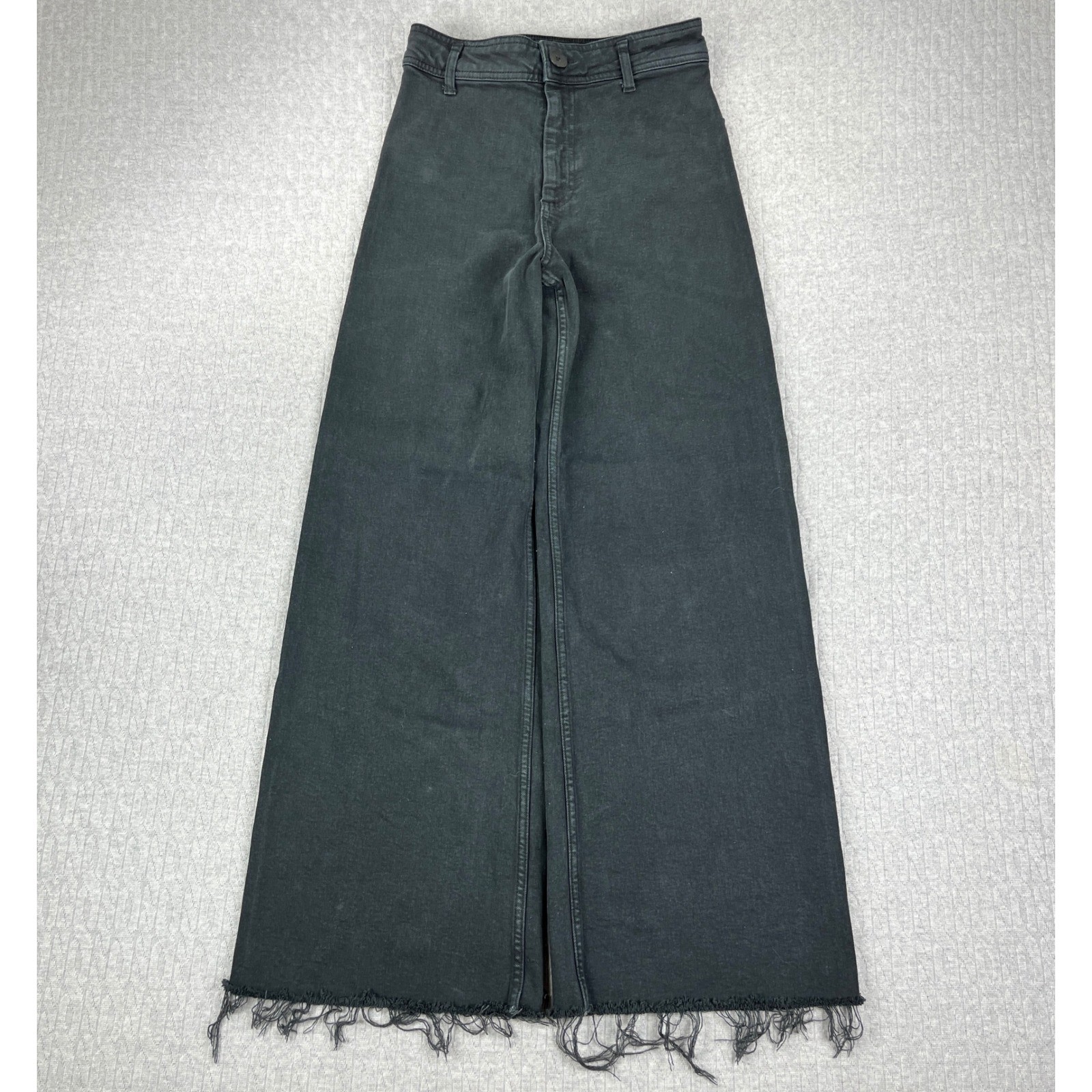 Zara Baggy Wide Leg Marine Straight Jeans Women 4/24×29 Black High Rise Raw Hem