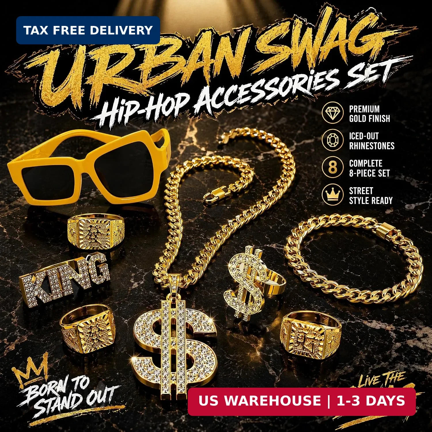 ZhengYuFa 8 Pieces 90s 20s Rapper Accessories Fake Gold Chain，Dollar Ring Neckla