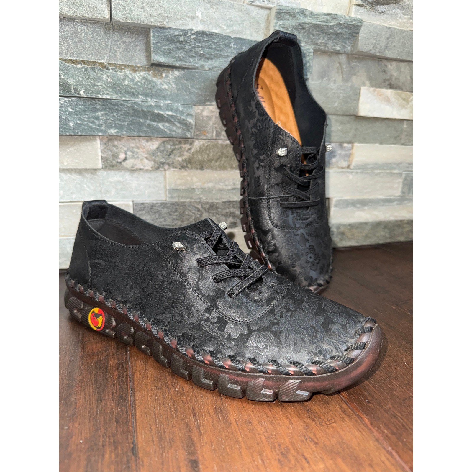 Salkin USA Womens Black Floral Embossed Lace Up Comfort Shoes Walking Flats