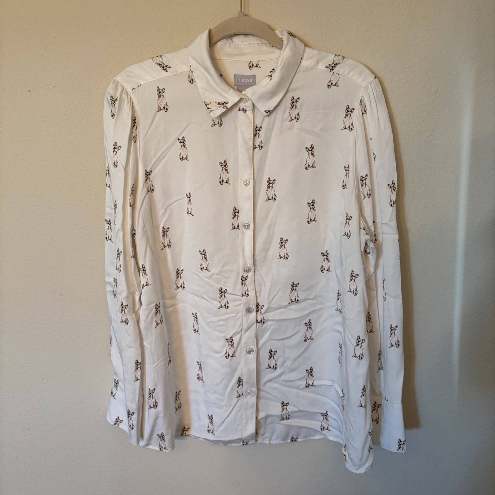 Chico’s Top Women’s 2 US Large 12/14 Button Up Blouse All Over Dog Print Tunic