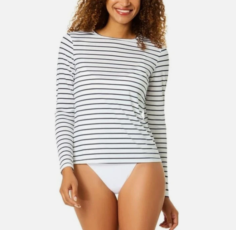 Lands’ End Womens, Shirt White Navy Blue Striped, UPF 50, L